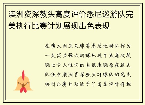 澳洲资深教头高度评价悉尼巡游队完美执行比赛计划展现出色表现