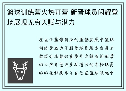 篮球训练营火热开营 新晋球员闪耀登场展现无穷天赋与潜力