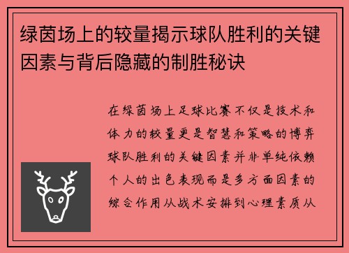 绿茵场上的较量揭示球队胜利的关键因素与背后隐藏的制胜秘诀