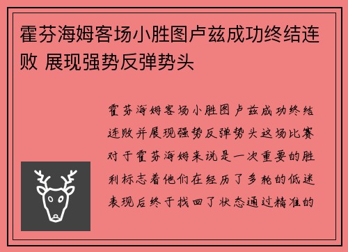 霍芬海姆客场小胜图卢兹成功终结连败 展现强势反弹势头