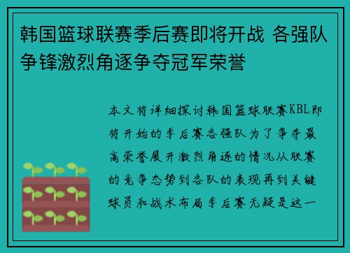 韩国篮球联赛季后赛即将开战 各强队争锋激烈角逐争夺冠军荣誉