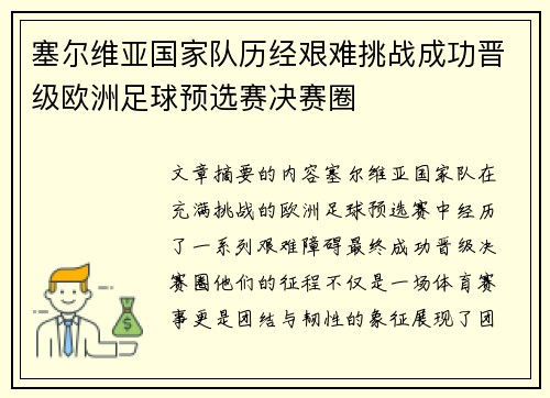 塞尔维亚国家队历经艰难挑战成功晋级欧洲足球预选赛决赛圈